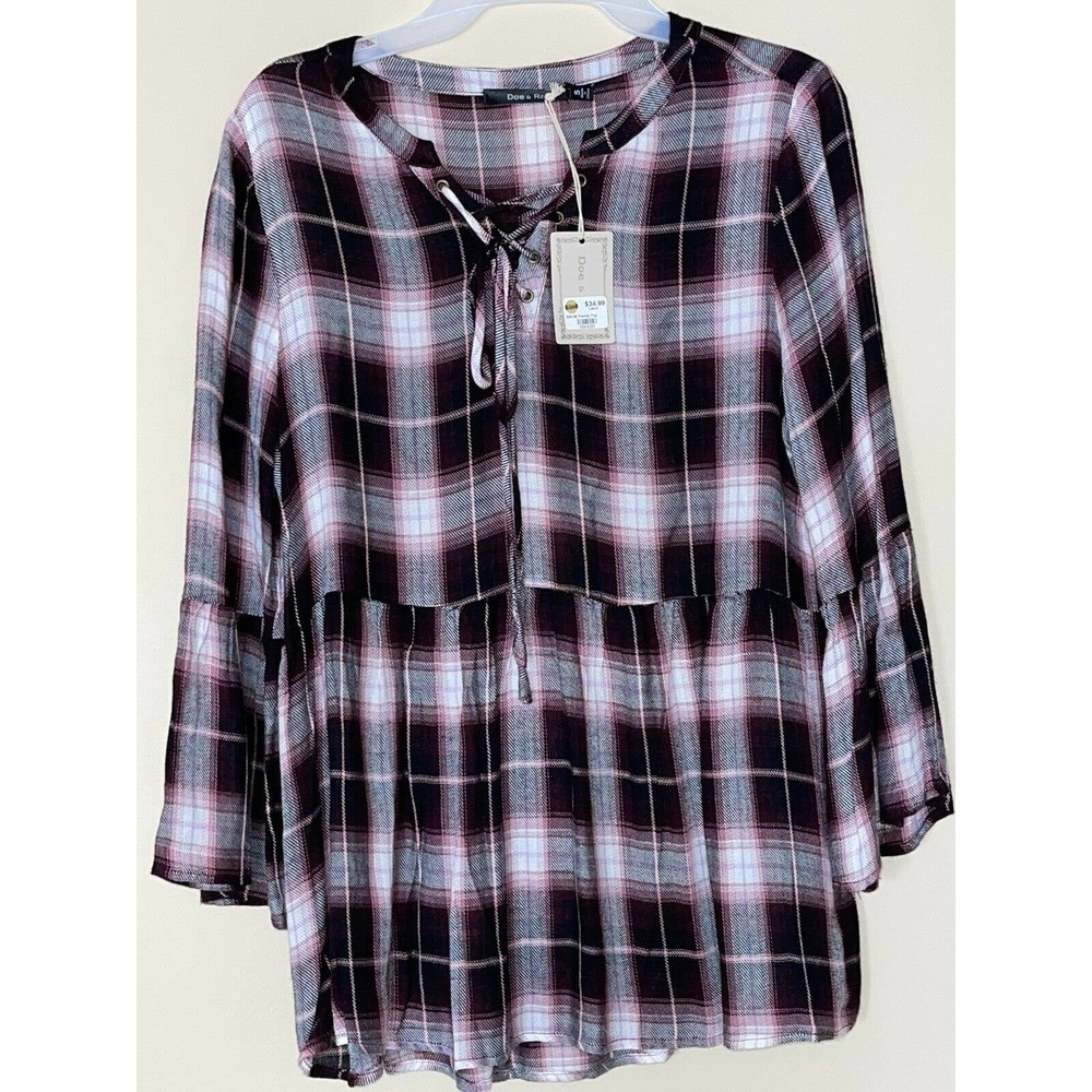 Doe‎ & Rae Plaid Layered Blouse Shirt SZ Small Burgundy Pink White Women’s Top